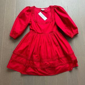 Rhode Daya smocked red POPPY poplin cotton mini dress poppy puff sleeve 6
